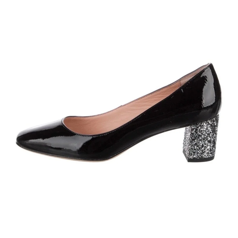 Kate Spade‎ Pumps Womens 8.5 Black Patent Leather Glitter Block Heel Almond Toe